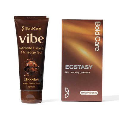 Bold Care Vibe - Chocolate Flavoured Water-Based Intimate Lube (100ml) & 404 By Bold Care Esctasy Condoms For Men For A Tingling Intimate Sensation (10pc) Combo