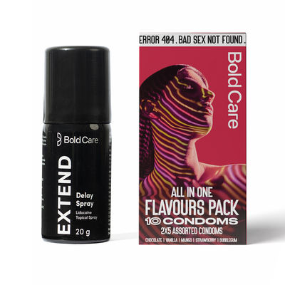 Bold Care Extend Delay Spray With Lidocaine 10% (20g) & Bold Care 404 By All-In-One Flavours Pack Condoms - Chocolate, Strawberry, Mango, Vanilla, & Bubblegum (10pc) Combo