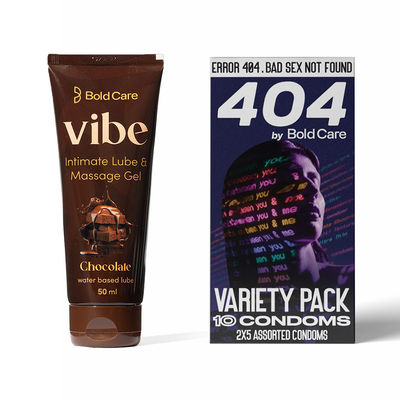 Bold Care Vibe Chocolate Water Based Lube (50ml) & Bold Care 404 By Variety Pack Condoms - Ultra Thin, Multi-Textured, Nano Thin, Chocolate Flavour, & Strawberry Flavoured Condoms (10pc) Combo