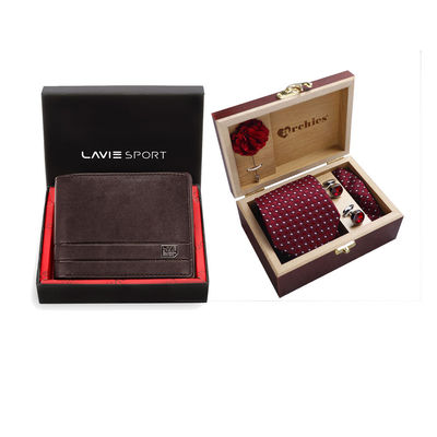 Archies Red And White Dot Tie & Cufflink Set(1pc) & Lavie Sport Attorney Embossed - Mens Wallet - Brown(1pc) Combo