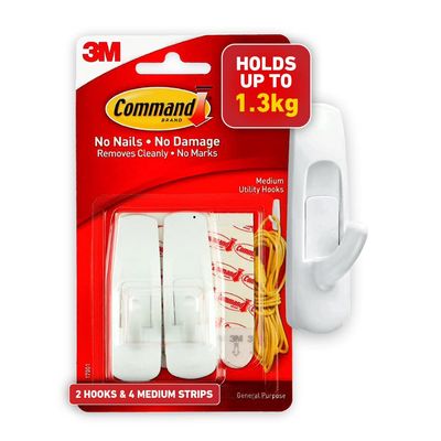 Command Wall Hook - Medium Size, Pack Of 2, Capacity - 1.3Kg