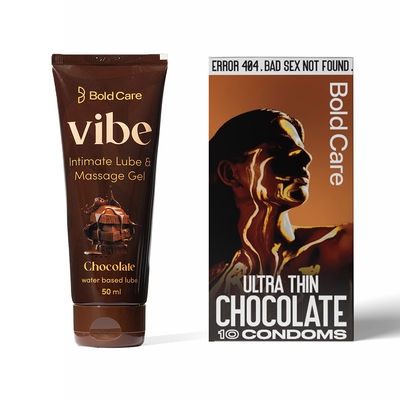 Bold Care Ultra Thin Chocolate Flavoured Condoms (10pc) & Bold Care Vibe - Chocolate Flavoured Water-Based Intimate Lube (100ml) Combo
