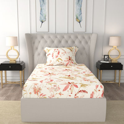 Urban Space 200 TC 100% Cotton Single Bedsheet with 1 Pillow Cover - Floral Feast Peach