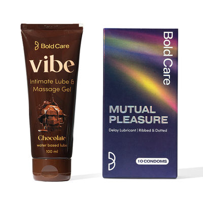Bold Care Vibe - Chocolate Flavoured Water-Based Intimate Lube (100ml) & Bold Care 404 Mutual Pleasure Condoms For Men (Pack Of 10) (10pc) Combo