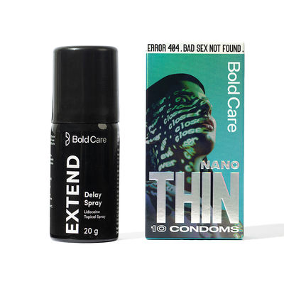 Bold Care Extend Delay Spray With Lidocaine 10% (20g) & Bold Care 404 Super Nano Thin Condoms For Men (10pc) Combo