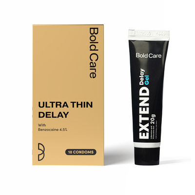 Bold Care Ultra Thin Delay Condoms With Benzocaine 4.5% (10pc) & Bold Care Extend Gel - Prilocaine & Lidocaine Gel For Longer Sex (20g) Combo