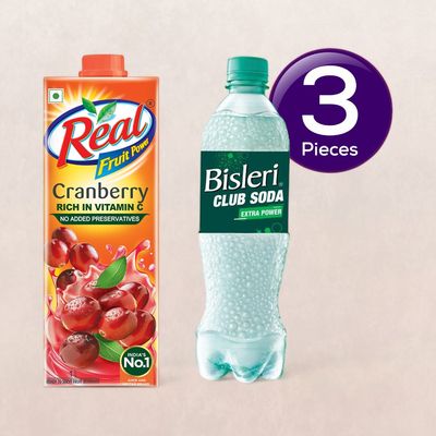 Real Fruit Power Cranberry Juice(1l) & Bisleri Club Soda(750ml) Combo