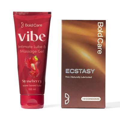 Bold Care Vibe - Strawberry Flavoured Water-Based Intimate Lube (100ml) & 404 By Bold Care Esctasy Condoms For Men For A Tingling Intimate Sensation (10pc) Combo
