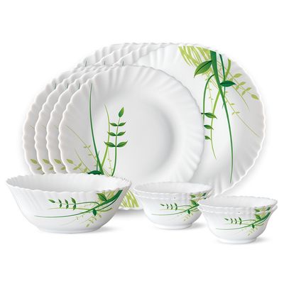 Larah By Borosil Green Herbs 13Pc Dinner Set Opalware Crockery For Dining & Gifting - White