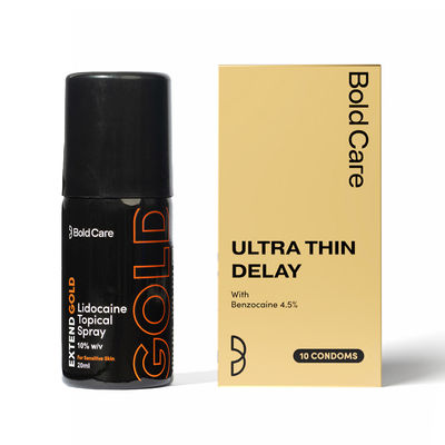 Bold Care Ultra Thin Delay Condoms With Benzocaine 4.5% (10pc) & Bold Care Extend Delay Spray With Lidocaine 10% (20g) Combo