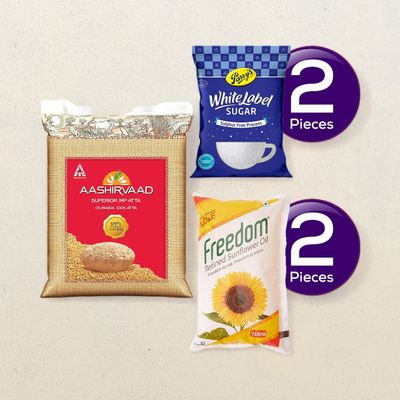 Aashirvaad Superior MP Atta(5kg), Freedom Refined Sunflower Oil(1l) & Parrys White Label Sugar(1kg) Combo