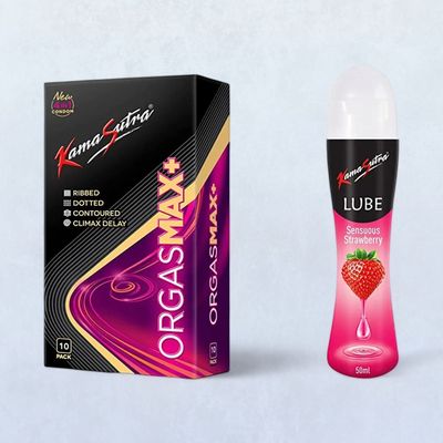 Kama Sutra Orgasmax+ Condoms(10pc) & Kama Sutra Personal Lube Strawberry(50ml) Combo