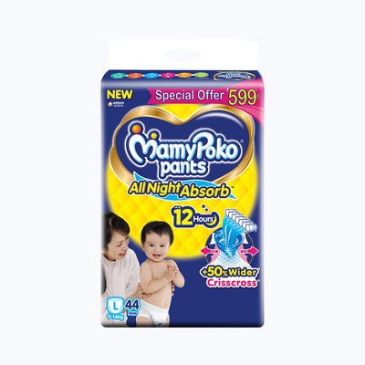 Mamypoko Standard All Night Baby Diapers | Pant Style | L | 44 pcs