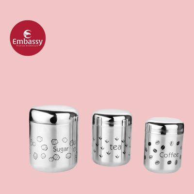 Embassy Coffee Tea Sugar Canister Set, 350/500/700 ml, Vintage Design, Premium Stainless Steel