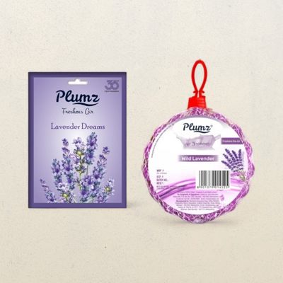Plumz Air Freshener Lavender Dreams 10 gms & Plumz Premium Round Air Freshener Lavender 100 gms Combo