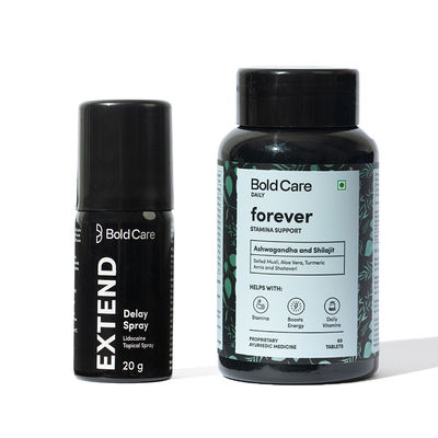 Bold Care Extend Delay Spray With Lidocaine 10% (20g) & Bold Care Forever - Stamina Booster Supplements For Men - All Natural Ashwagandha & Shilajit (60pc) Combo