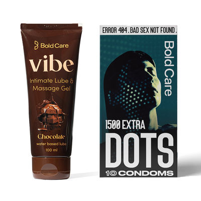 Bold Care Vibe - Chocolate Flavoured Water-Based Intimate Lube (100ml) & Bold Care 404 Extra Dots Condoms For Men - Elevate Pleasure With Every Touch (10pc) Combo