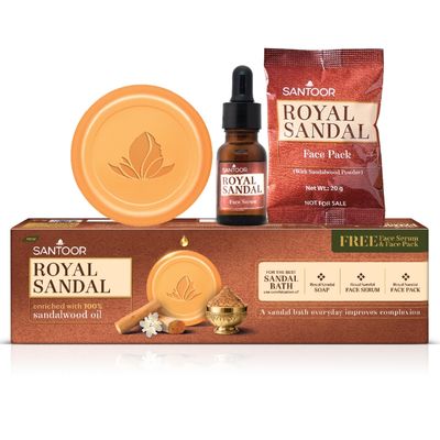 Santoor Royal Sandal Soap + Serum + Face Pack with 100% Real Sandalwood Oil (Tan removal soap)