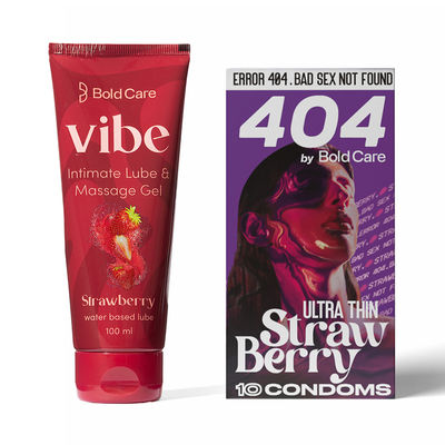 Bold Care Vibe - Strawberry Flavoured Water-Based Intimate Lube (100ml) & Bold Care 404 By Bold Care Strawberry Flavoured Condoms (10pc) Combo