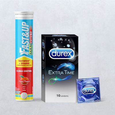 Fast&Up Man Extend -Delays Climax & Boosts Stamina-Arginine,TestofenÂ®,Shatavari,Citrulline- Fizzy Peach-20   Days Servings 20 PIECE & Durex Extra Time Condom - Long-Last Condoms 10 PIECE