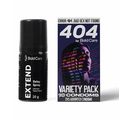 Bold Care Extend Delay Spray With Lidocaine 10% (20g) & Bold Care 404 By Variety Pack Condoms - Ultra Thin, Multi-Textured, Nano Thin, Chocolate Flavour, & Strawberry Flavoured Condoms (10pc) Combo