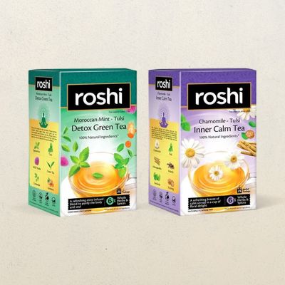 Roshi Detox Green Tea Bags With Moroccan Mint & Tulsi 25Pcs & Roshi Stress Relief Tea Bags With Chamomile & Tulsi (Inner Calm - 100% Caffeine Free Without Green Tea) 25Pcs Combo