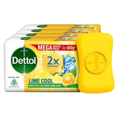 Dettol Lime Cool Bathing Soap Bar with 2X Menthol & long Lasting Freshness (Pack of 4)