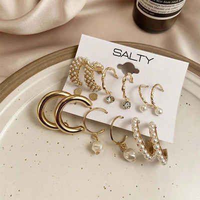 Salty Fashion Set of 9 Gold Chunky Real Freshwater Pearl Hoops and Studs for Women