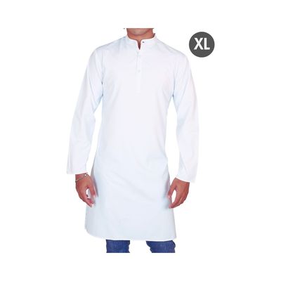 EQL Men's Cotton Linen Button Placket Long Kurta for Men | White - XL