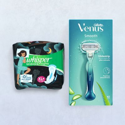 Whisper Bindazzz Night Sanitary Pads - XL+ (15pc) & Venus Razor(1pc) Combo