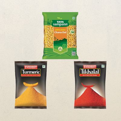 Everest Tikhalal Powder Pouch(100 gms), Everest Turmeric Powder(100 gms) & Tata Sampann Unpolished Chana Dal(500 gms) Combo