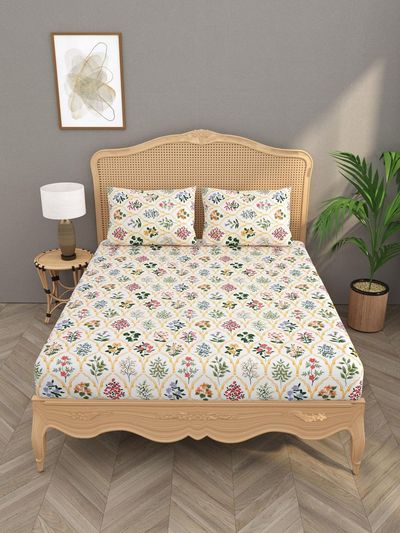 House Of Gulab 100% Cotton Double Bedsheet Floral - White