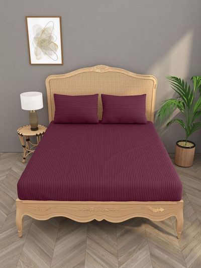 House Of Gulab 100% Cotton Double Bedsheet Stripes - Maroon