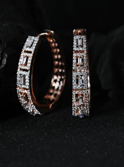 Priyaasi Quintessence Rose Gold Plated American Diamond Studded Hoop Earrings