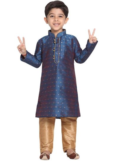 Vastramay Boy's Persian Blue and Rose Gold Silk Blend Kurta Pyjama Set | 9-10 Years