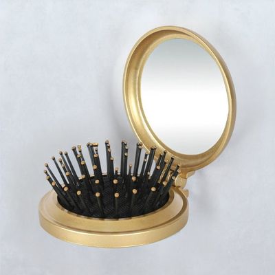 Compact Pop-up Hair Brush with Foldable Mirror (Gold)