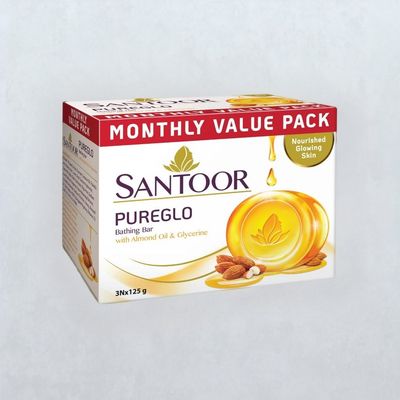 Santoor PureGlo Glycerine Bathing Bar Soap With Almond Oil for Nourished and Glowing Skin