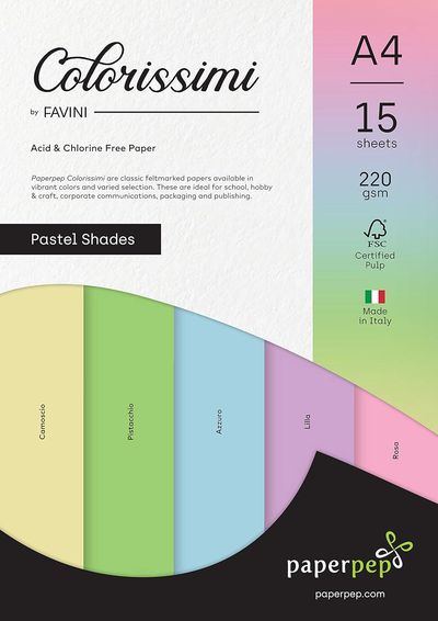 Paperpep Colorissimi 220Gsm Card Stock A4 Pastel Shades Assorted 15 Sheets