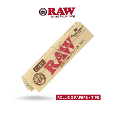 Raw Classic Connoisseur Rolling Paper with Tips King Size Slim - 32+32 Leaves/Pack