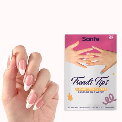 Sanfe Instant Stick On Nails - French Almond 24 Reusable Artificial Fake Nail, Salon Look