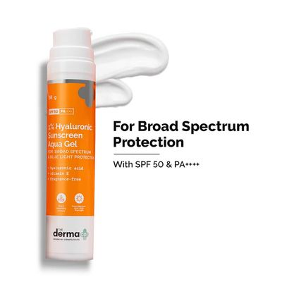 The Derma Co 1% Hyaluronic Sunscreen Aqua Ultra Light Gel With SPF 50 PA++++ For Broad Spectrum UVA UVB & Blue Light Protection
