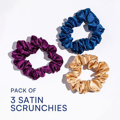 Gush Beauty Premium Hair Satin Rubber Band-Scrunchie | Set Of 3 | Blue | Magenta And Skin