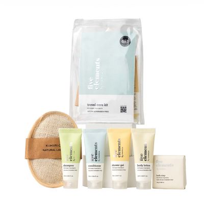Kimirica Five Elements Travel Kit | 6-in-1 Bath Essentials with Loofah in Pouch | Self-Care Set