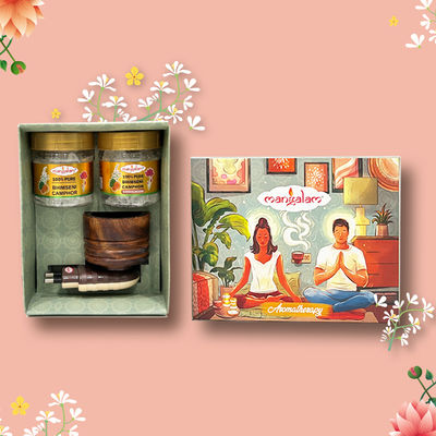 Mangalam Bhimseni Camphor Aromatherapy Gift Box Wooden Kapoor Dani + 50G Bhimseni Orginal Jar + 50G