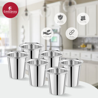 Embassy Premium Coffee Glasses / Tea Tumblers, 160 Ml Each (Size 2), Pack Of 6, Stainless Steel