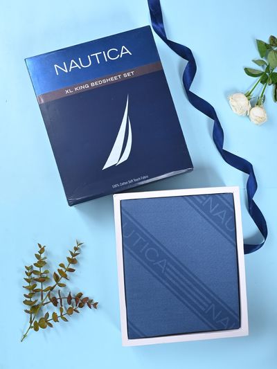 Nautica Super Soft 100% Cotton King Bedsheet And 2 Pillow Covers -3pc Set | Bristol Stripe-Navy