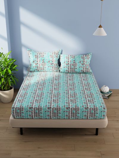 Bianca Cotton Double Bedsheet With 2 Pillow Covers 3pc Set | Serina Ornamental - Grey/Seagreen