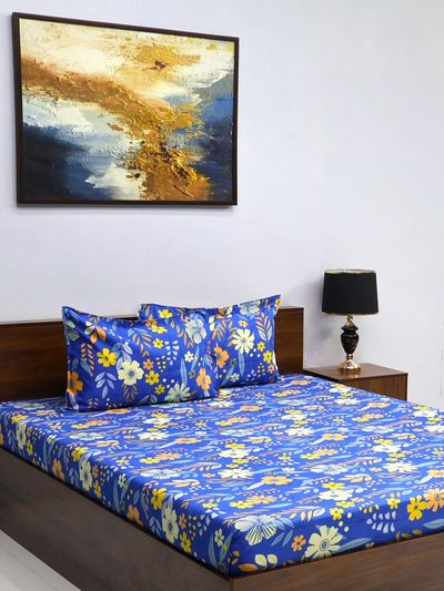 Bombay Dyeing Vista 144 Tc Queen Size Bedsheet With 2 Pillow Covers - Yellow Blue
