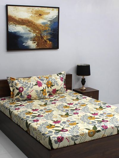 Bombay Dyeing Ivyrose 110 Tc 100% Cotton Queen Bedsheet With 2 Pillow Covers - Yellow