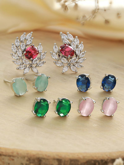 Priyaasi Multicolor Solitaire Leaf Silver-Plated Stud Earring Set Of 5